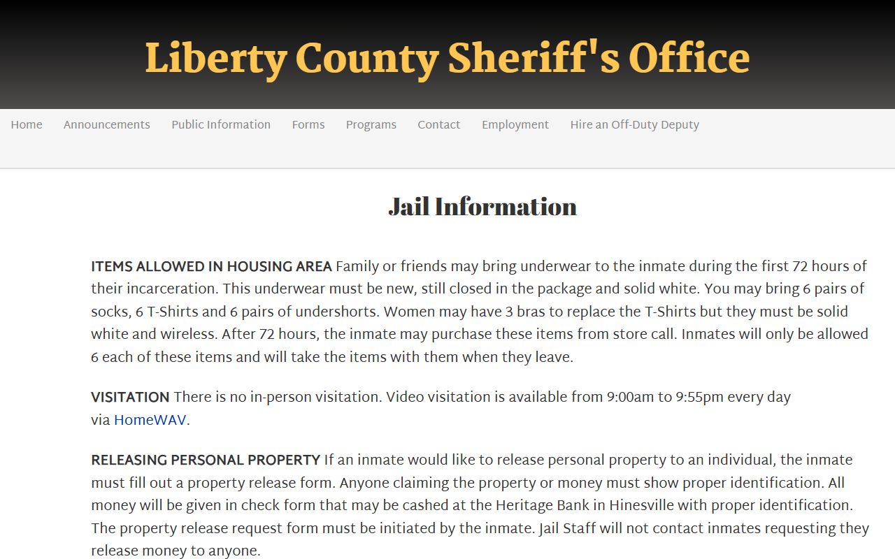 Liberty County Jail information for visits money mail and bond